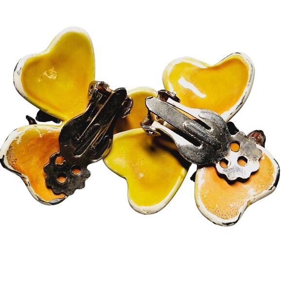 Vtg Poppy Flower Earrings Studs Clip-on Metal Enameled Retro 3d Yellow & Brown - Picture 2 of 9